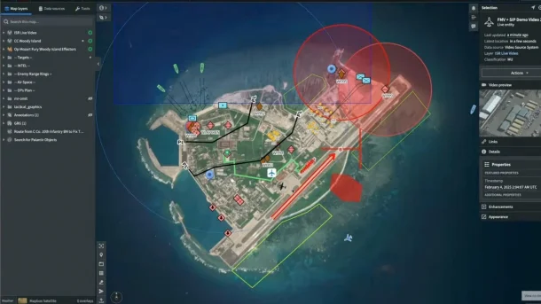 Screenshot of Palantir Maven Smart System showing satellite map of Woody Island with tactical overlays and side panels