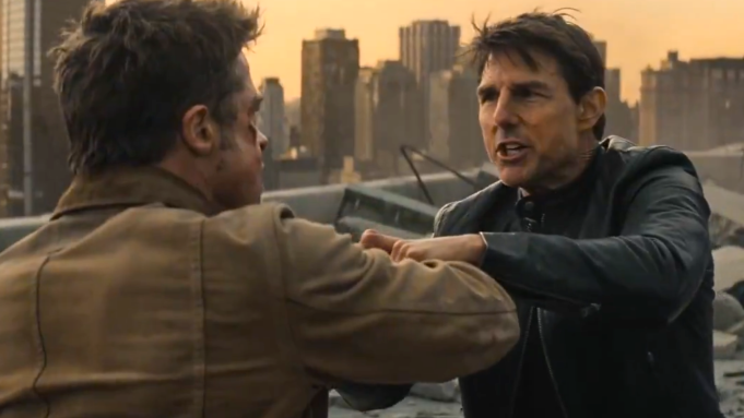 AI-generated video frame showing two action-movie style figures on a rooftop at sunset