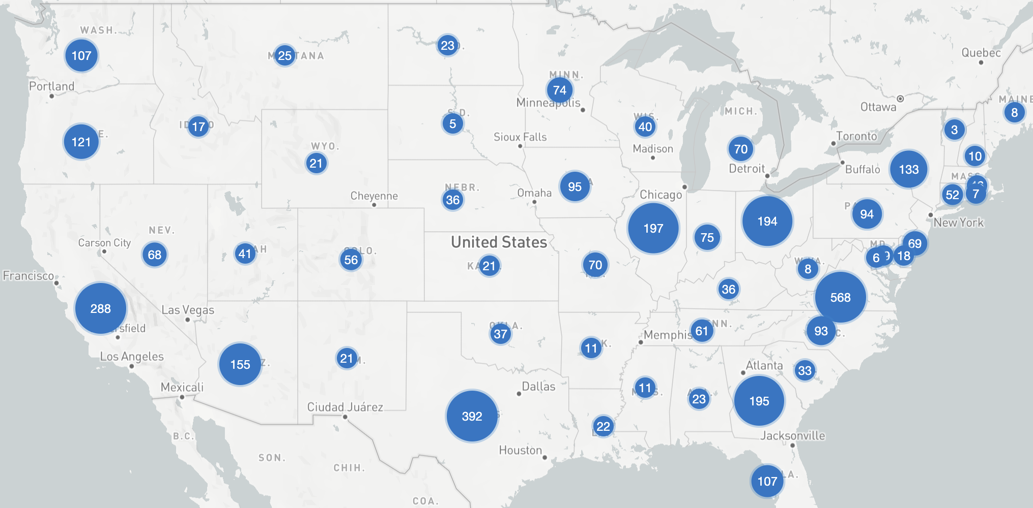 Map of data centers around the US