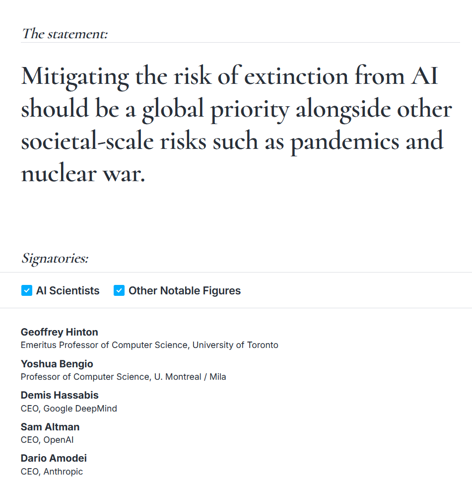 Screenshot of Statement on AI Risk